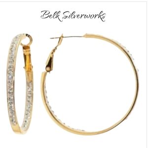 NWT Belk Silverworks 14K Gold over Silver Crystal Hoop Earrings 1.3"